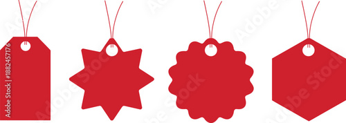 Four distinct red blank retail price tags with strings ready for custom messaging