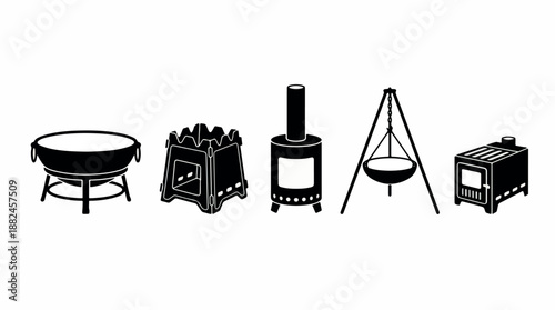 Collection of various outdoor cooking and heating equipment for camping and backyard use.