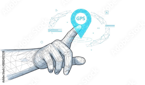 Futuristic GPS pin hologram with human hand low poly wireframe vector