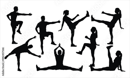 A collection of diverse black silhouettes showing people performing various warm up and stretching exercises
