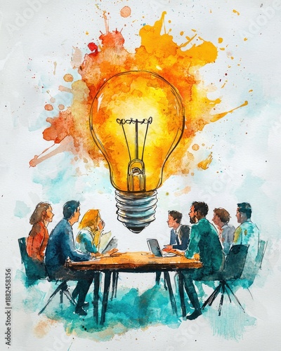 Creative Team Meeting with Light Bulb Inspiration Visual