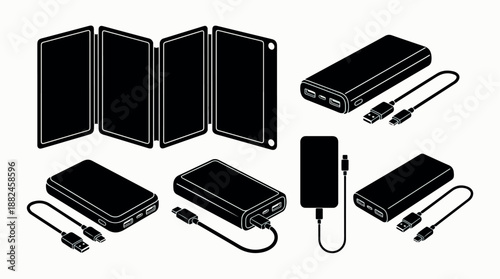 Portable Power Bank and Solar Charger Silhouettes for Outdoor Electronics.