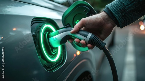 Hand Connecting Electric Vehicle Charger at Night Scene