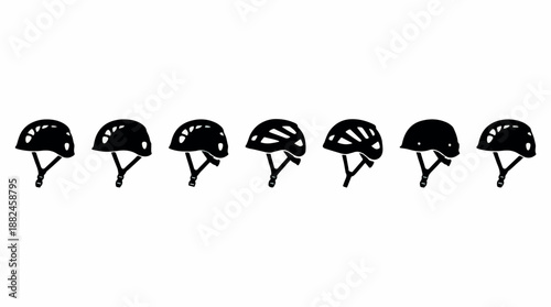 Row of black silhouette bicycle helmets in various styles.
