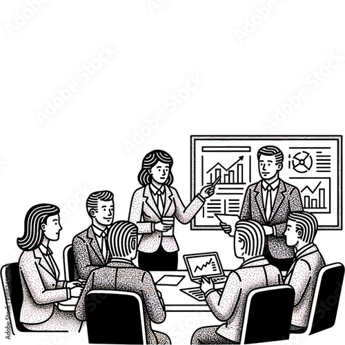 Strategic Synergy: A dynamic business meeting unfolds, where professionals gather around a conference table to share insights and build consensus, focusing on data-driven discussions.