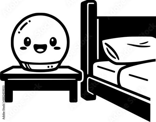 Cute kawaii night light with a smiling face sits on a bedside table next to a bed
