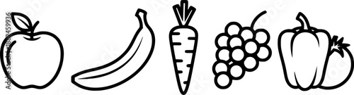 Simple line art illustrations of six common fruits and vegetables on a white background
