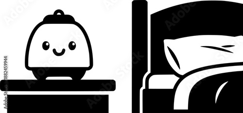 Cute kawaii night light with a smiling face sits on a bedside table next to a bed
