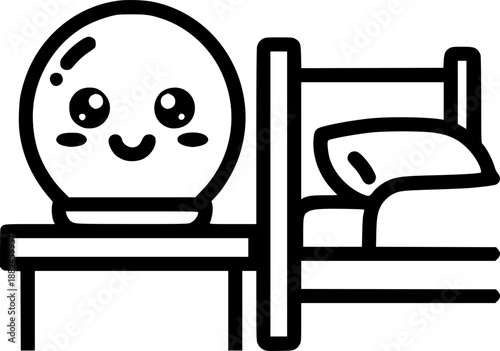 Cute kawaii night light with a smiling face sits on a bedside table next to a bed
