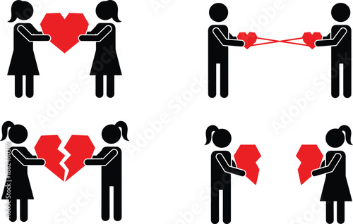 Relationship conflict and emotional separation illustrated with broken hearts, love tension, breakup stress, couple dispute, communication issues, and emotional distance icons