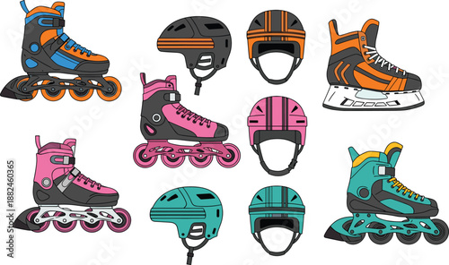 Roller skates and helmets illustration set featuring colorful protective gear, sports equipment icons, inline skates design, active lifestyle graphic collection for safety
