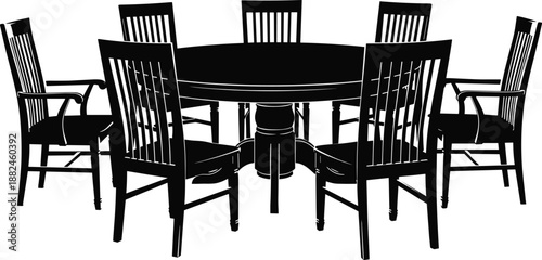 Round dining table with chairs silhouette illustration, black furniture set design, home interior decor element, classic wooden chair arrangement vector