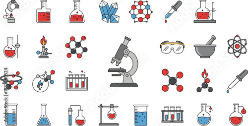 Science laboratory icons with chemistry equipment, molecules, microscopes, test tubes, burners, flasks, safety tools and scientific research illustration elements