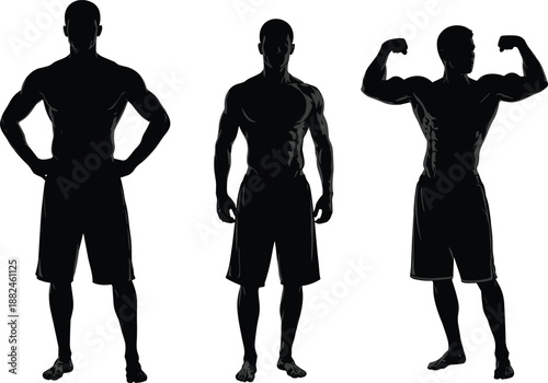 Silhouette muscular men flexing and standing in bodybuilding poses, athletic male fitness model illustration showcasing strength, physique and workout training concept