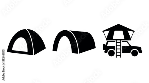 Camping Tents and Rooftop Tent on Car Icons.