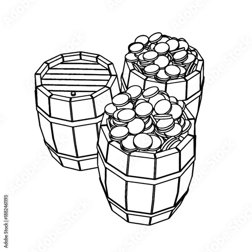 Outline for Coloring of Two Wooden Old Vintage filled by Gold Coins and One Closed Barrels. Vector Illustration.