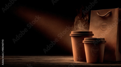 Two textured takeaway coffee cups and a matching paper bag sit on rustic wood with rising steam and moody spotlight, ideal for branding, cafes, and premium beverage concepts.