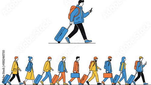 Travelers walking with luggage illustration showing diverse people moving forward, modern tourism concept, airport journey graphic, flat design commuter artwork