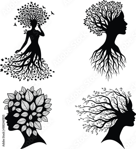 Tree woman silhouette designs with branches and leaves, nature goddess female profiles, eco beauty art for spiritual, botanical, and fantasy illustrations