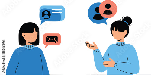 Two women communicating through chat messages and social icons illustrating online conversation, digital communication, social interaction and modern messaging concept illustration