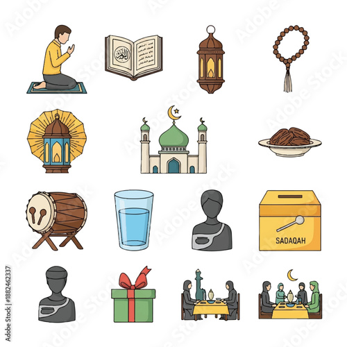 Ramadan Icons Representing Fasting and Prayer.