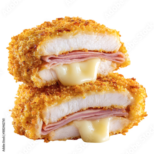 Chicken Cordon Bleu with melting cheese and ham on transparent background