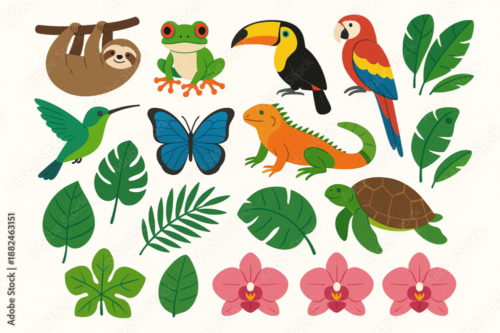 Fototapeta premium Costa Rica Biodiversity Icon Grid with Tropical Animals and Plants in Flat Vector Style