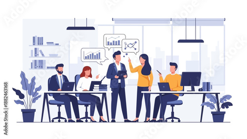 Business Professionals Discussing at Modern Office Desk.