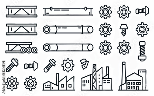Steel Industry and Engineering Linear Icons Set: Metal Girders, Gears, Bolts, Pipes and Factory Buildings