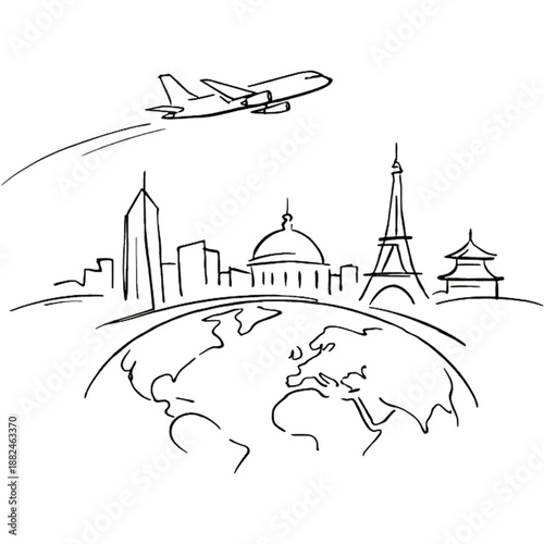 Global Flight: A hand-drawn illustration captures an airplane soaring above iconic world landmarks, symbolizing travel, exploration, and the vastness of the world.