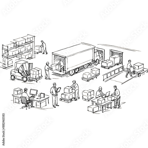 Warehouse Activity: Depicting a lively distribution center, where boxes are methodically moved and loaded onto vehicles, representing the efficiency and organization of logistics.