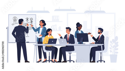 Business Team Meeting with Whiteboard Presentation.