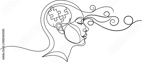 Abstract continuous line art of woman’s head with puzzle brain symbol representing mental health, psychology, mindfulness, emotional healing and inner thoughts concept