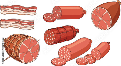 Assorted meat illustration featuring bacon slices, sausages, salami and whole ham showcasing processed pork products and butcher shop food ingredients