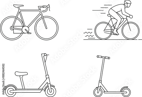 Bicycle cyclist and electric scooter line art illustration set, eco transportation concept, minimal vector mobility design for modern urban commuter stock use