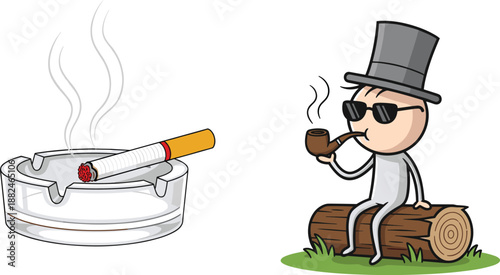 Cartoon illustration of smoking with cigarette in ashtray and stylish man smoking pipe outdoors, depicting tobacco use, lifestyle, habit and addiction concept