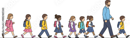 Children walking to school with teacher leading group, students wearing backpacks, education concept illustration showing safety, routine, teamwork, and daily activity