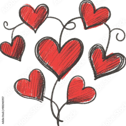 Hearts in Bloom: A delicate illustration presents a collection of vibrant red hearts intertwined with graceful vines, evoking feelings of love, affection, and emotional connection. 
