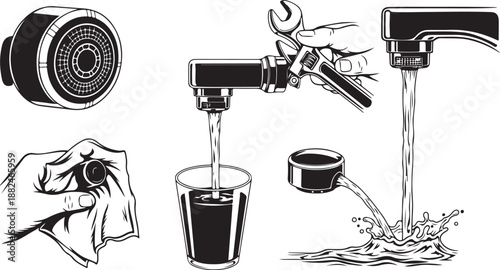 Black and white illustration of water faucet and tools