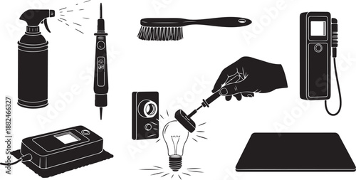 Black and white illustration of various electrical tools equipment