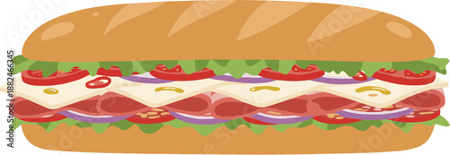 Detailed Flat Illustration of a Loaded Delicious Submarine Sandwich