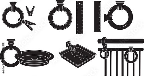 Black and white illustration of curtain hook hardware accessories