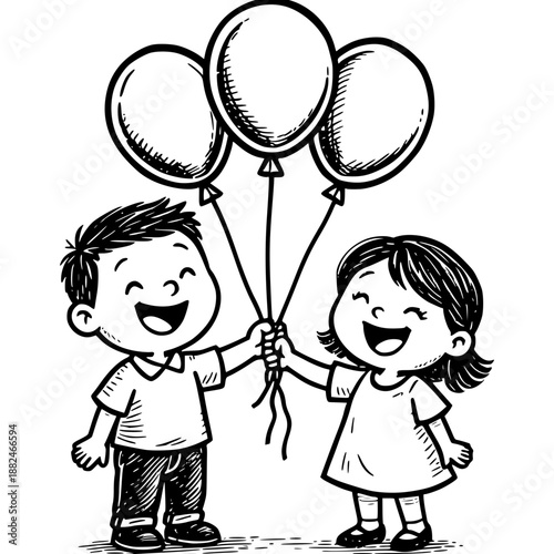 Joyful Friendship: Two smiling children share a moment of happiness, holding aloft a bunch of balloons, symbolizing friendship, celebration, and pure, innocent joy.