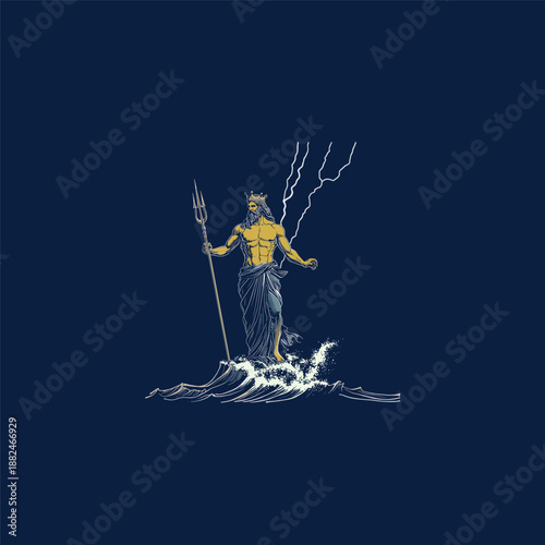 Ancient Greek God Poseidon holding trident standing on ocean waves engraving style illustration