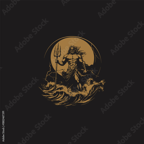 Ancient Greek God Poseidon holding trident standing on ocean waves engraving style illustration