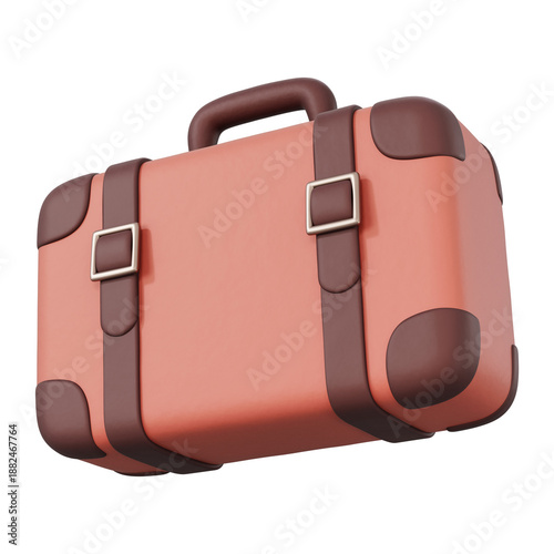 Salmon pink vintage suitcase brown leather straps 3d element. Matte clay travel luggage illustration for vacation, trip and business. Minimalist isolated mockup refined object vacation business trip.