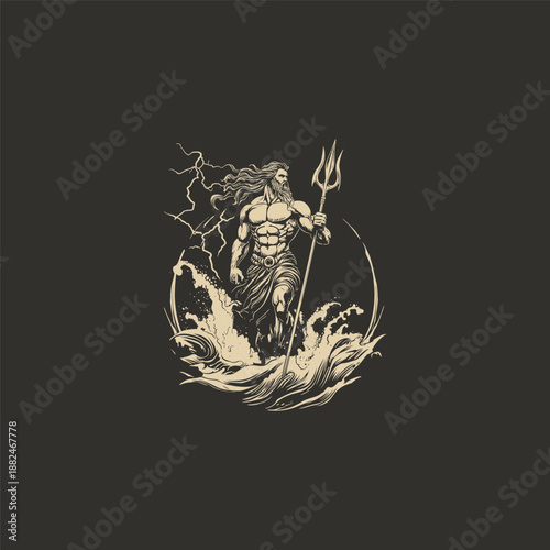 Ancient Greek God Poseidon holding trident standing on ocean waves engraving style illustration