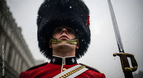 British guardsman standing at attention with a drawn sword during snowfall in a formal ceremony