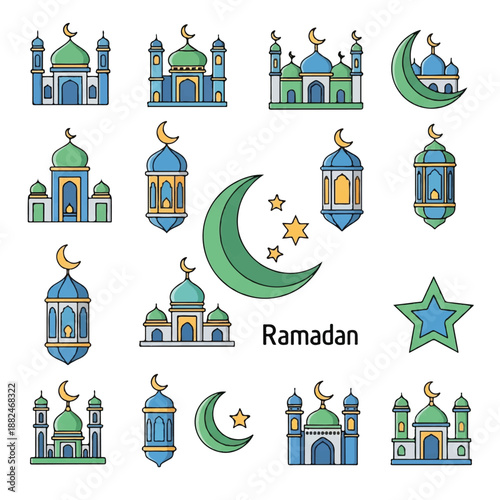 Ramadan Islamic Mosque Crescent Moon Star Symbols.