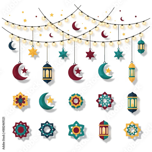 Islamic Symbols Lanterns Crescent Moon Stars.
